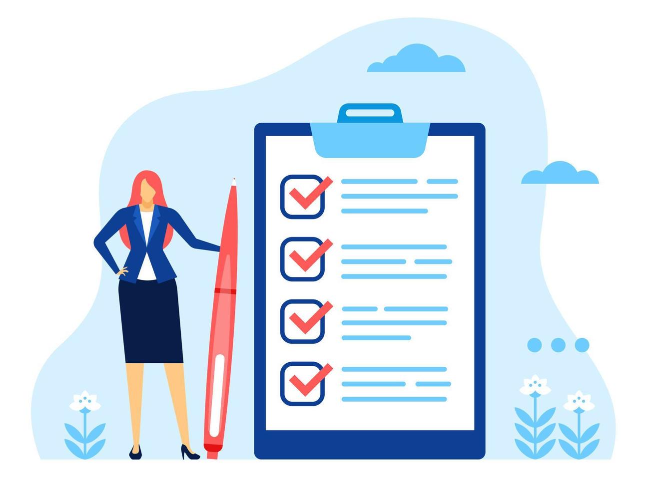 Businesswoman checklist. Successful woman with completed checklist. Business task completion, checkbox questionnaire vector concept