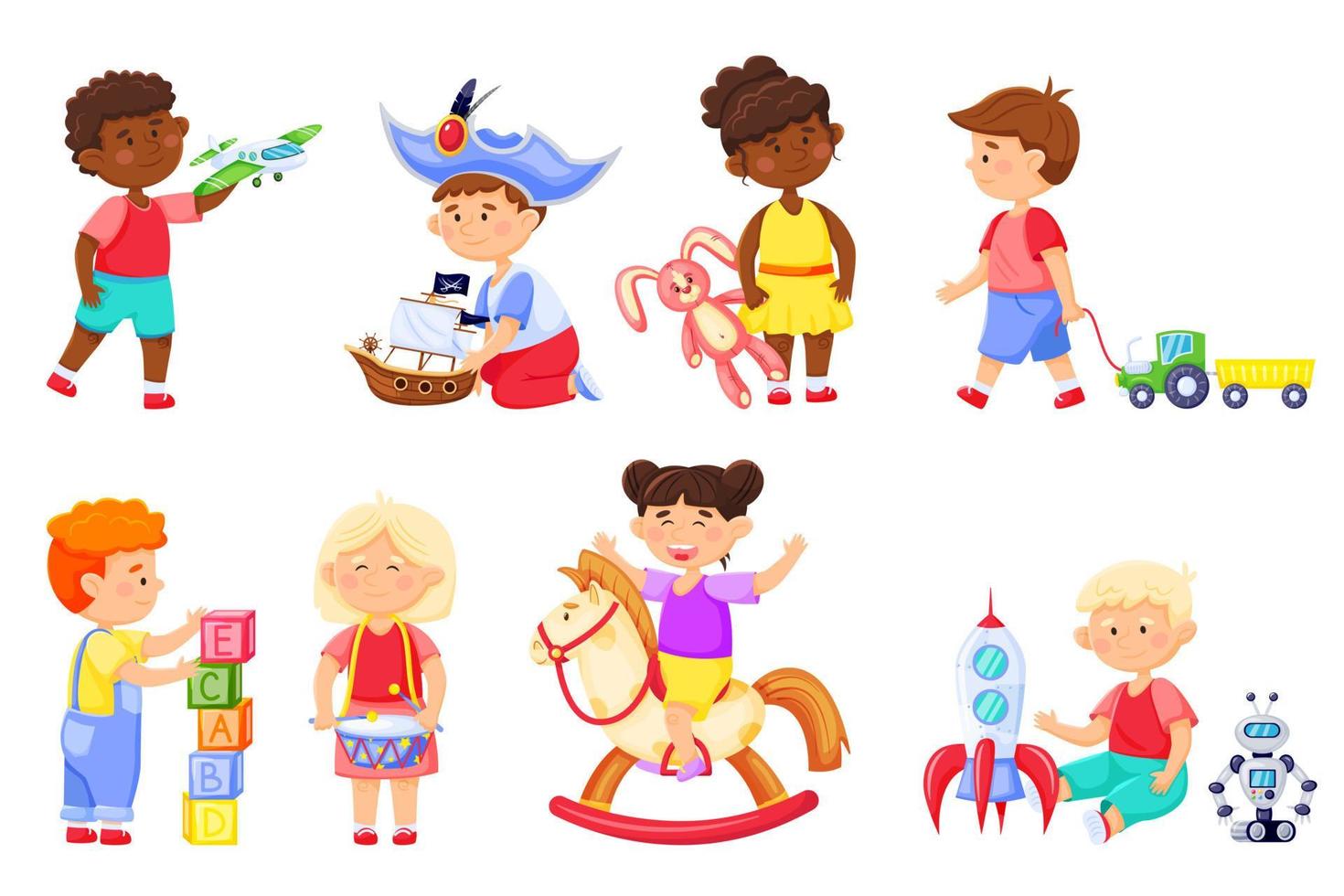 Kids playing with toys. Cartoon children play with rocket, bunny. Kindergarten girl on rocking horse. Boys and girls having fun vector set