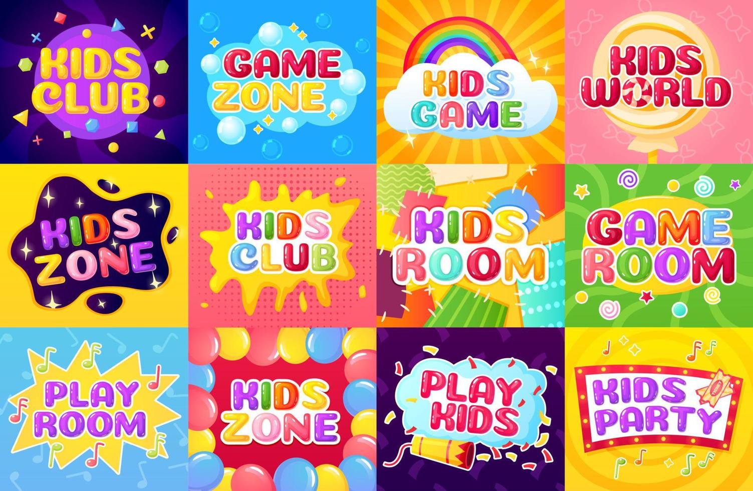 Kids zone. Cartoon playroom logo, colorful children party label with balloons, confetti, rainbow, stars. Childish playground banner vector set