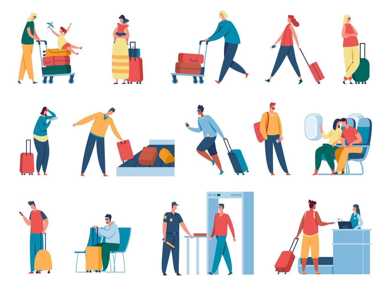 People in airport. Passengers at passport control, going through security, waiting for plane departure. Tourists with luggage vector set