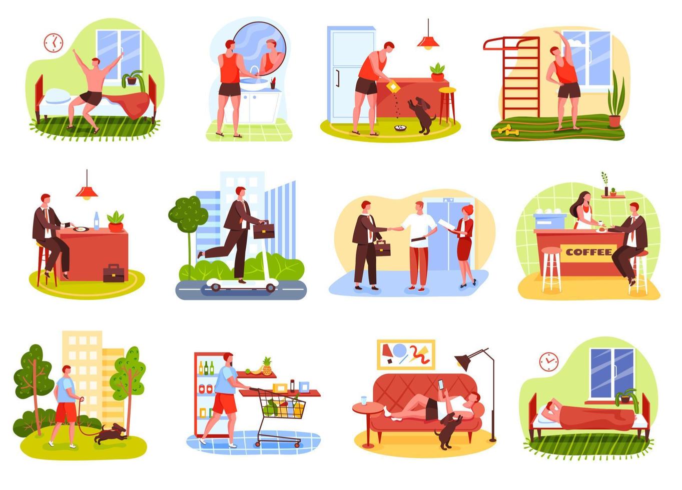 Man daily routine. Waking up, working at office, shopping, having dinner,  relaxing, going to bed. Businessman everyday life vector set 21692505  Vector Art at Vecteezy