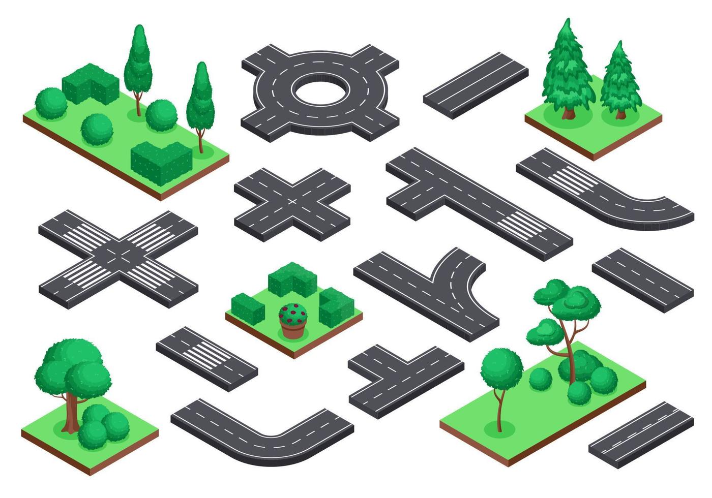 Isometric road and nature elements. Asphalt street, ring road, crossroad. Tree plants, bushes for city map landscape design vector set