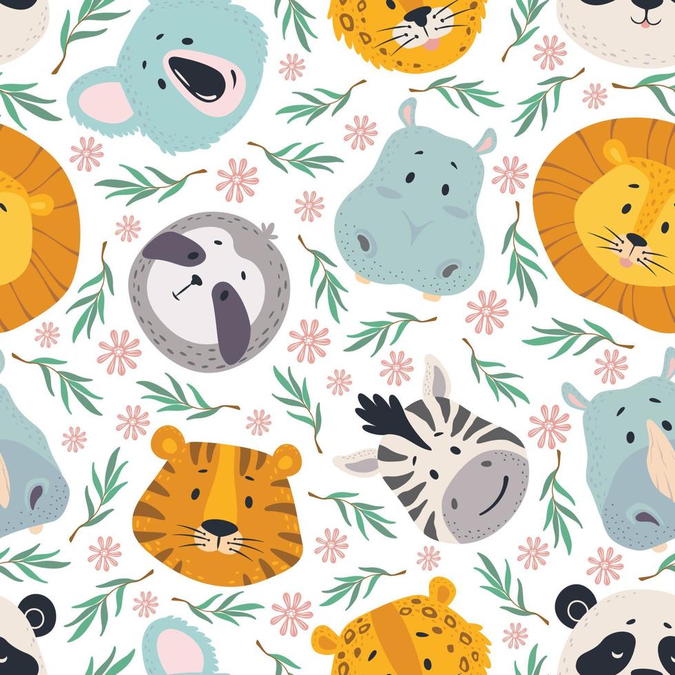 Animals head seamless pattern. Cute lion, tiger zebra, koala and hippo, sloth and leopard faces. Kids wallpaper, textile design vector texture