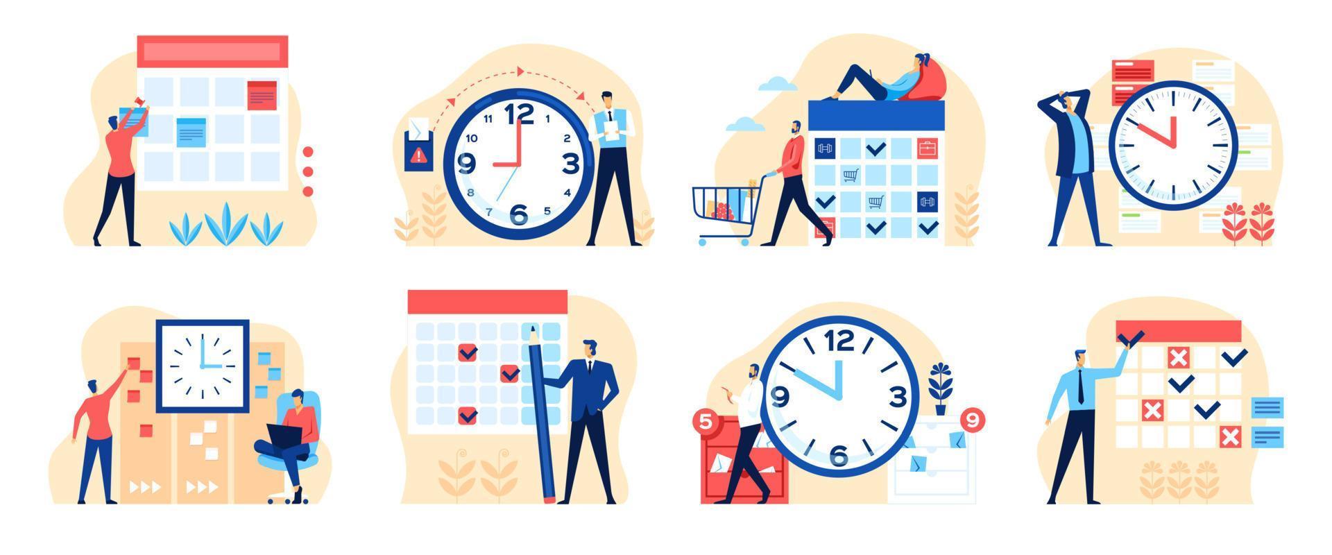 eficaz hora gestión. personas con reloj, calendario. empresario Planificación tareas, productivo trabajo planificación, exitoso flujo de trabajo vector conjunto