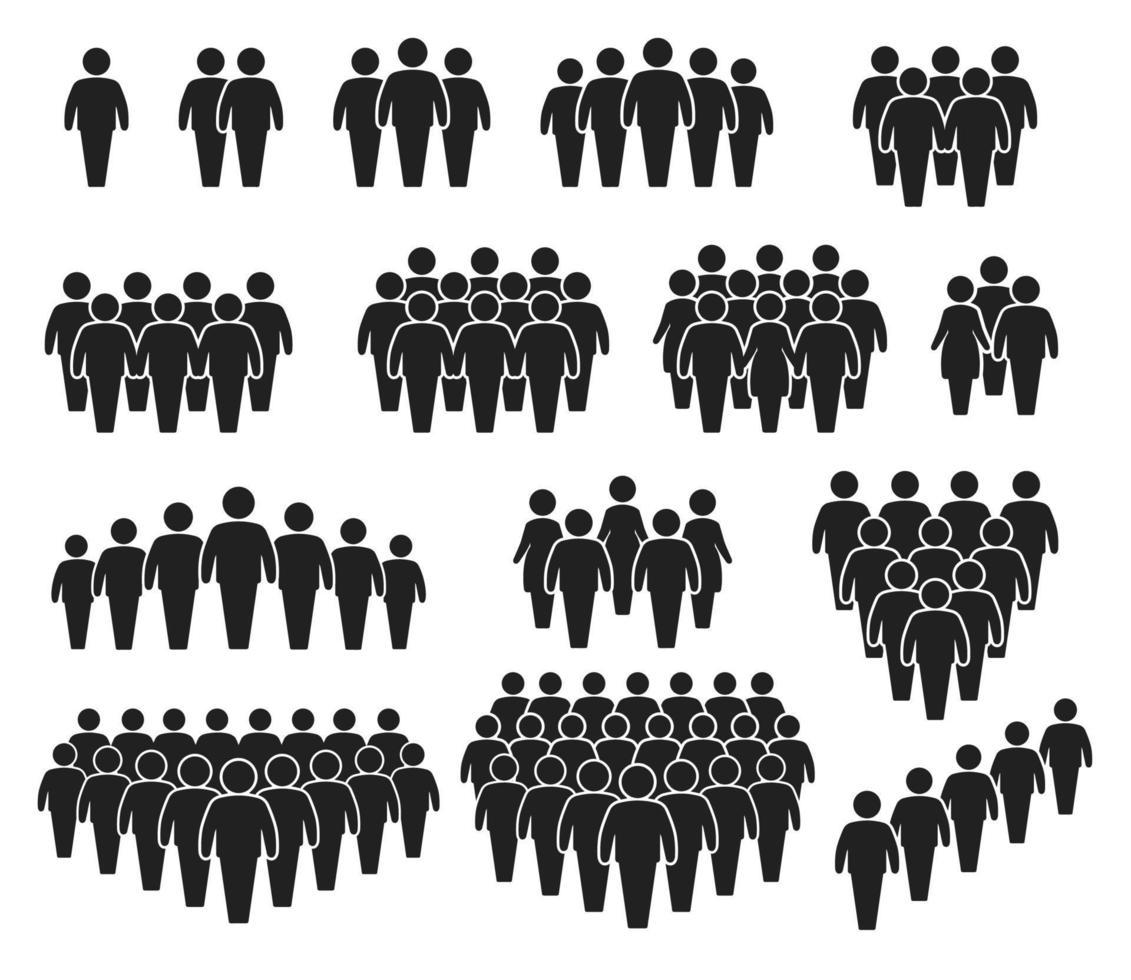 personas multitud iconos grande grupo de gente. equipo de hombres o mujer. personas reunión juntos, en pie en cola. persona pictograma icono vector conjunto