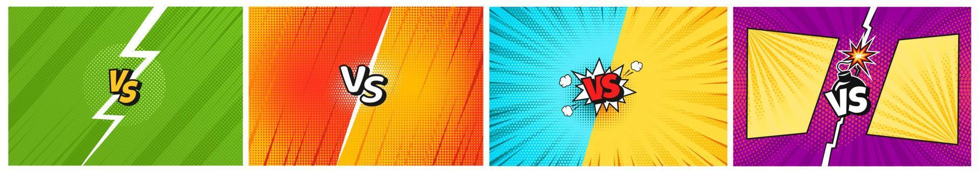Comic versus fight battle background in retro pop art style. Cartoon team competition challenge banner with halftone texture vector set