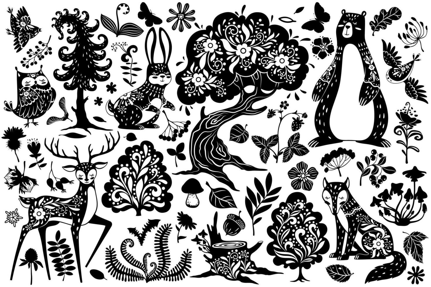 Scandinavian forest elements. Nordic scandi style deer, hare and bear, owl and fox, bird and oak tree, mushroom and leaves, fern vector set