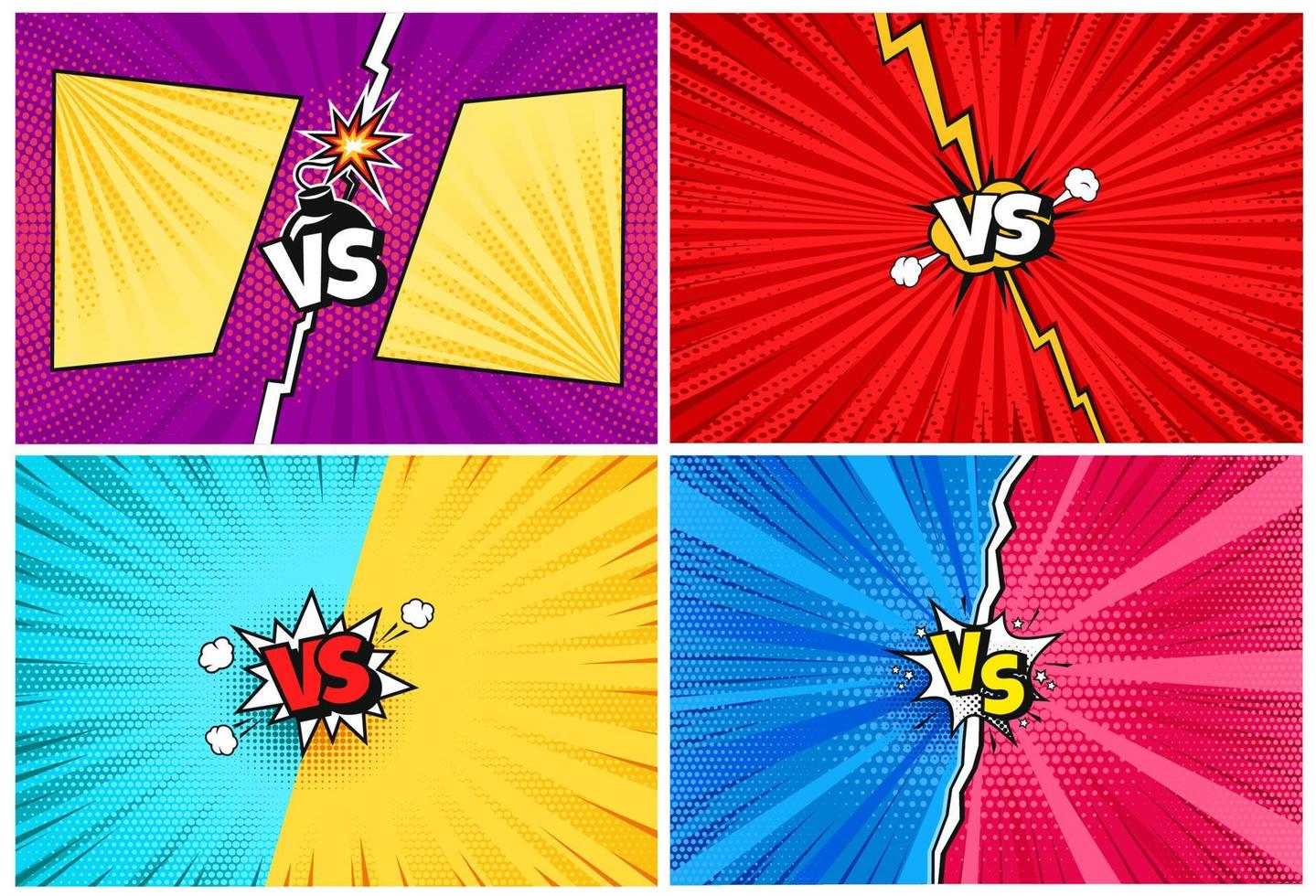 Versus. Cartoon comic vs challenge backgrounds with lightning, halftone texture. Comics pop art style fight or competition background vector set