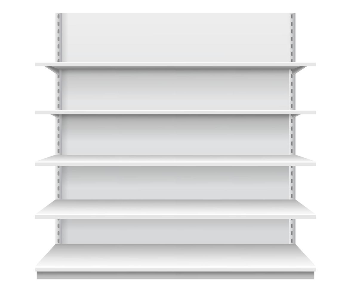 Store shelves. White empty supermarket shelf. Realistic front view showcase display for product advertising. Retail shelving vector template