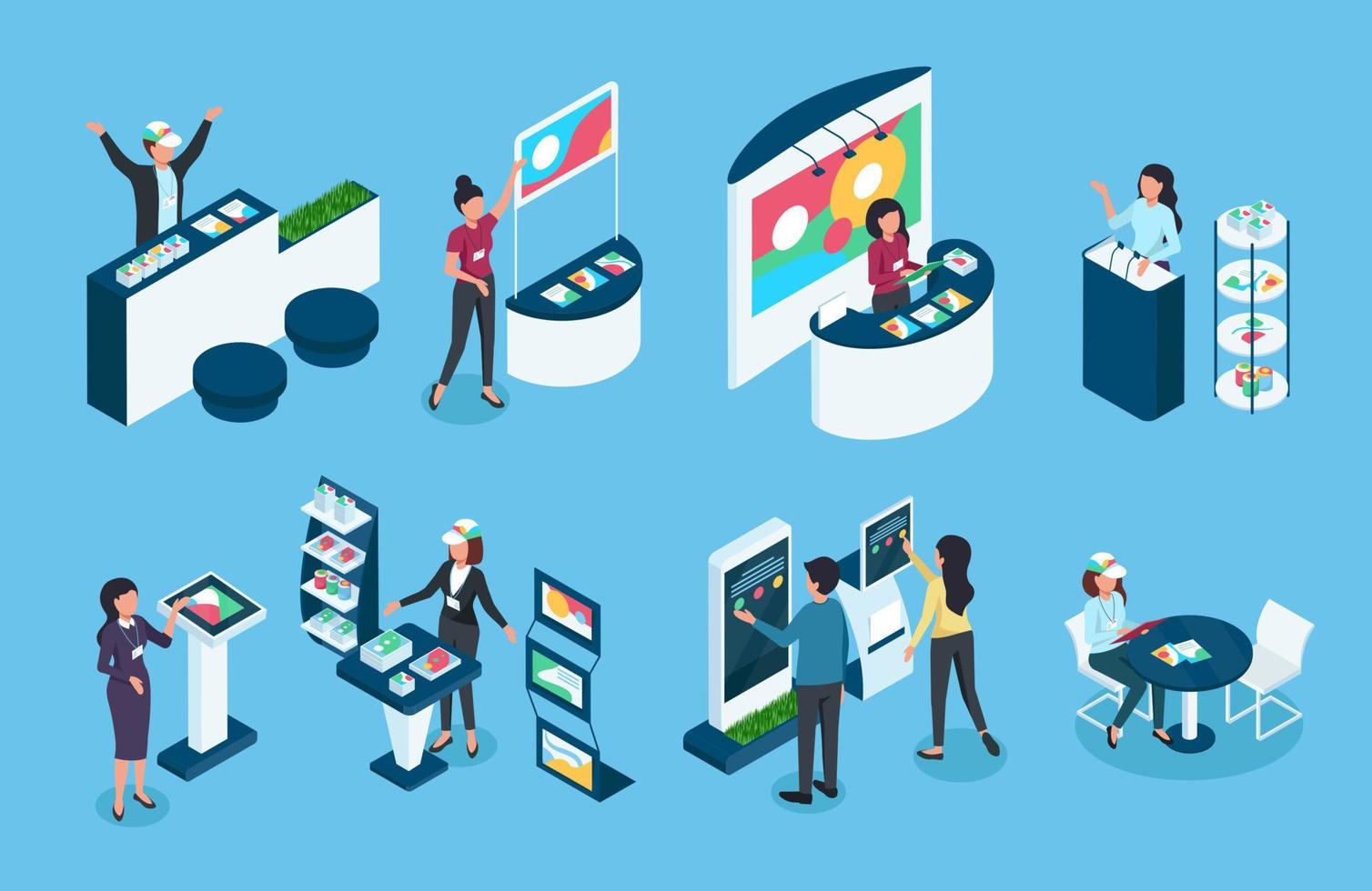 Isometric exhibition. People in expo at stand, booth. Sellers display products. Retail area event, showcase, advertising banners 3d vector set