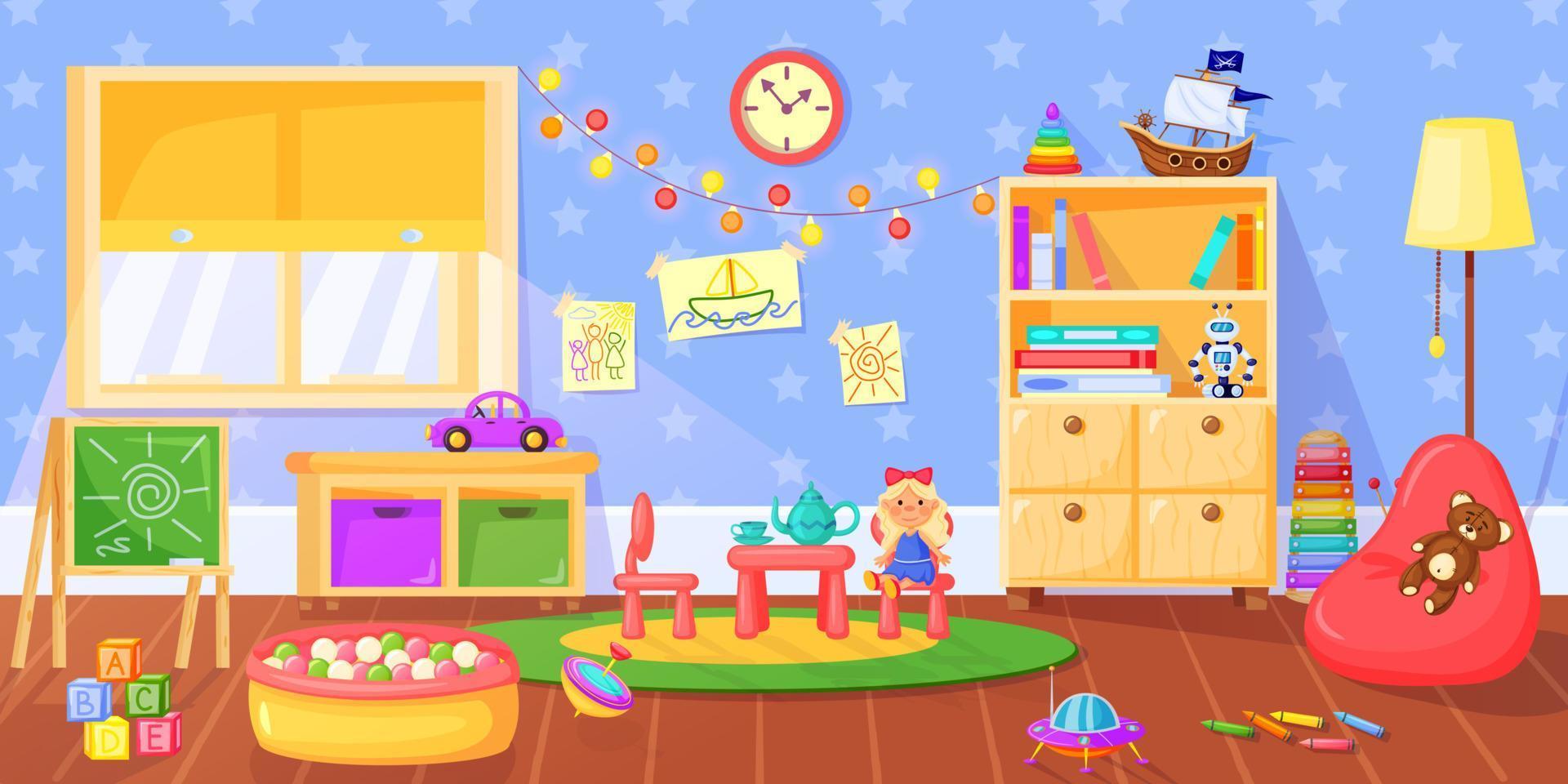 Kindergarten room. Preschool children playroom interior with toys, bookshelves, blackboard and furniture. Cartoon classroom vector illustration