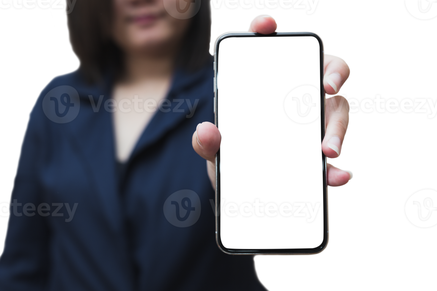 The left hand of a white woman showing a black mobile phone or cellphone and a white screen display for mockup content at an isolated or cutout white background. png