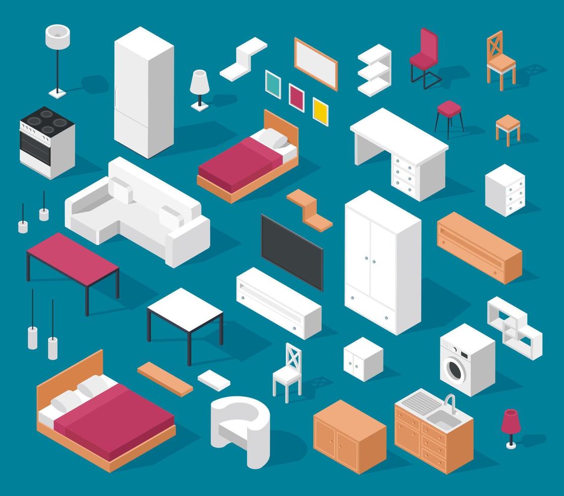 Isometric furniture. Table, cabinet, bed, chair, couch, lamp, stove, fridge. Modern living room, bedroom, kitchen interior elements vector set