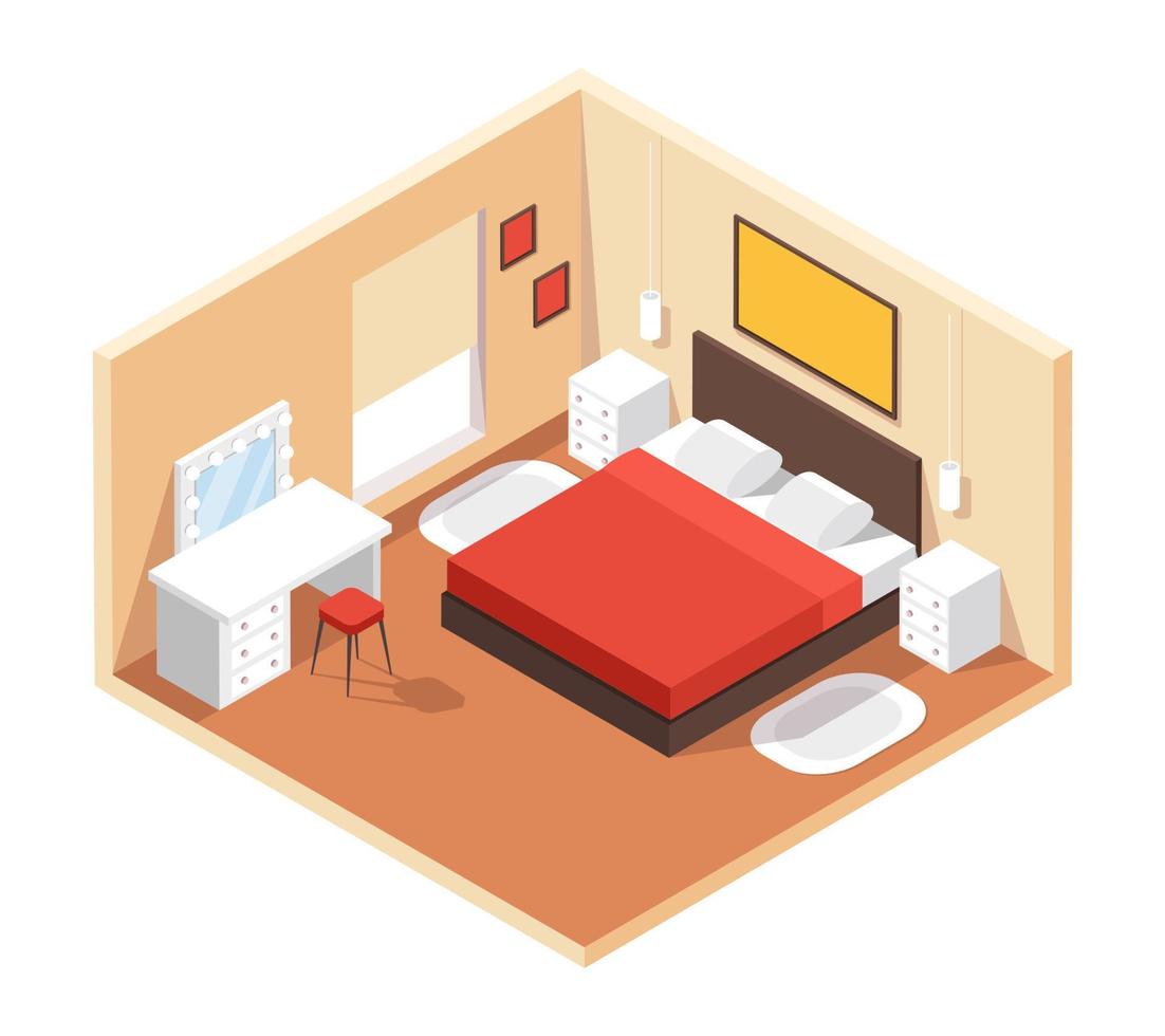 Isometric bedroom. Modern cozy room interior with furniture double bed, night tables, table, mirror, paintings. 3d bedroom vector interior