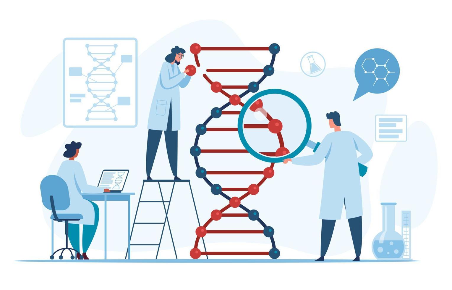 genético adn investigación. científicos investigando y analizando adn molécula en laboratorio. biotecnología, genoma Ingenieria vector concepto