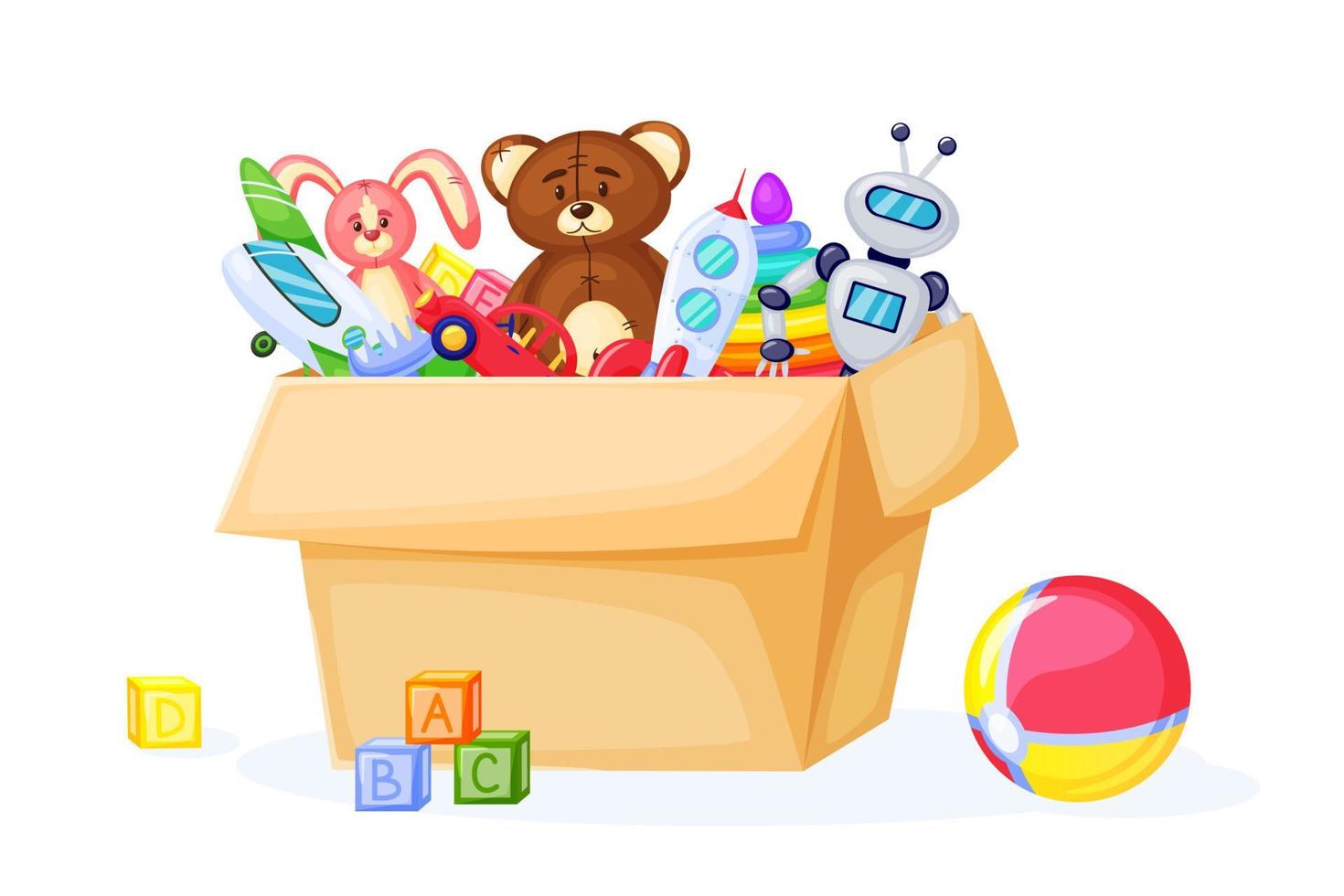 Kids toys in cardboard box. Cute cartoon ball, teddy bear, rocket, airplane, blocks. Playroom container for children to play vector illustration