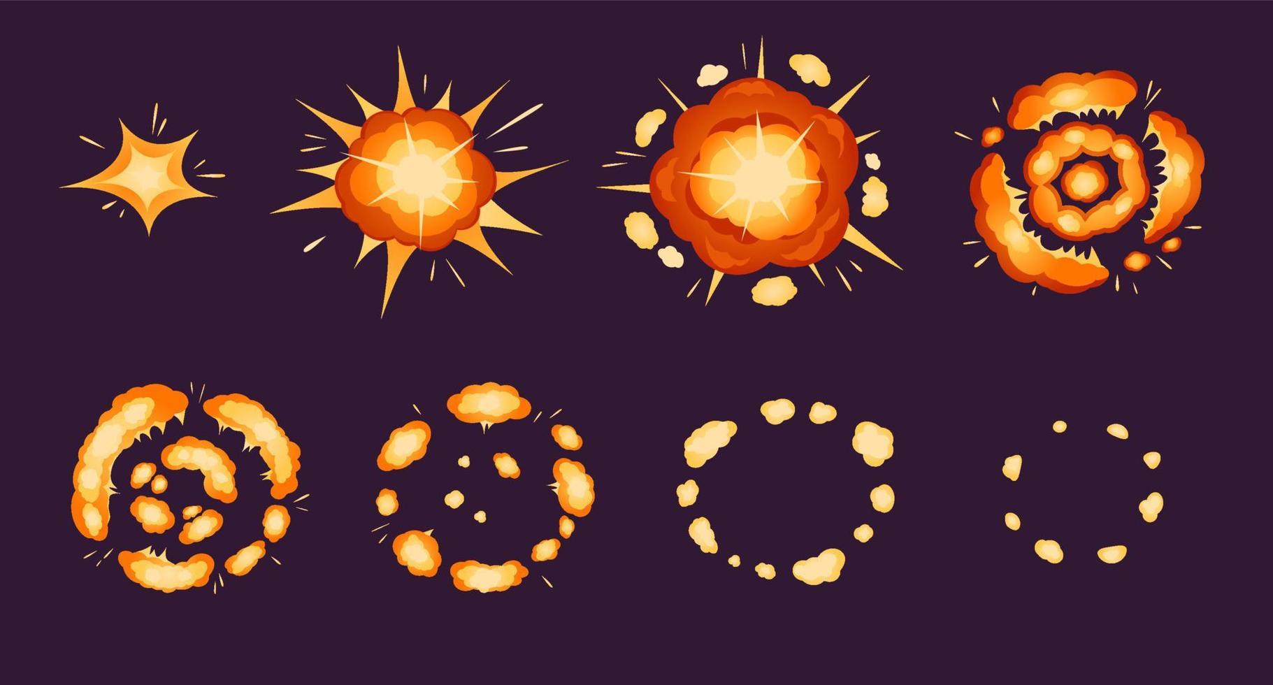 explosión animación. dibujos animados bomba explotando efecto con fumar y partículas fuego explosión marcos, cómic auge duende sábana para juegos vector conjunto