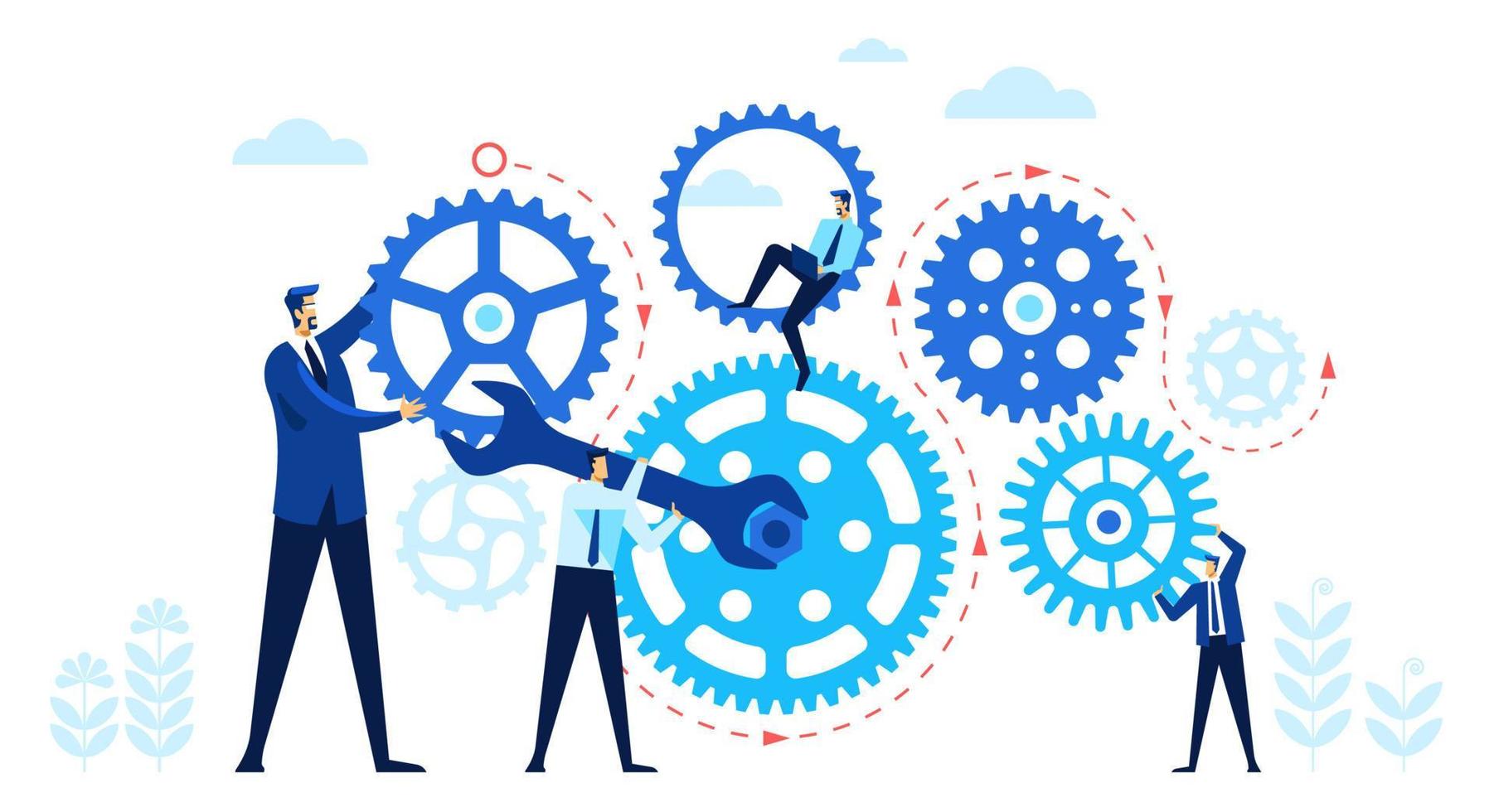 Business people with gears. Team working together turning gears. Teamwork, work organization, cooperation, business mechanism vector concept