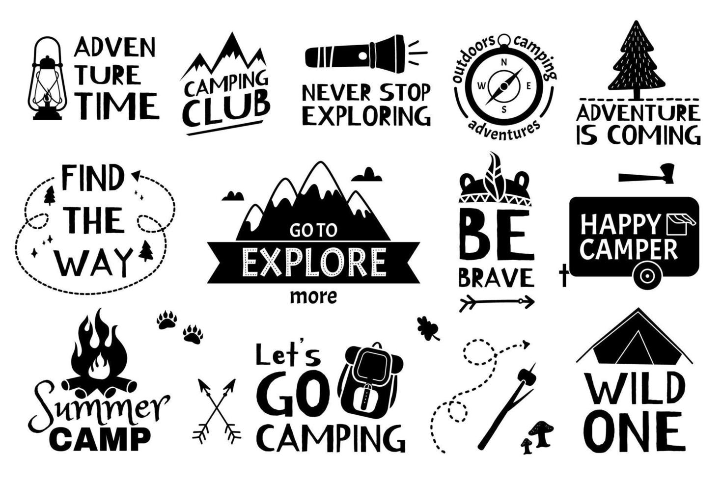 Adventure lettering. Traveling, hiking, camping quotes with doodle elements. Summers vacation, tourism adventures hand drawn logo vector set