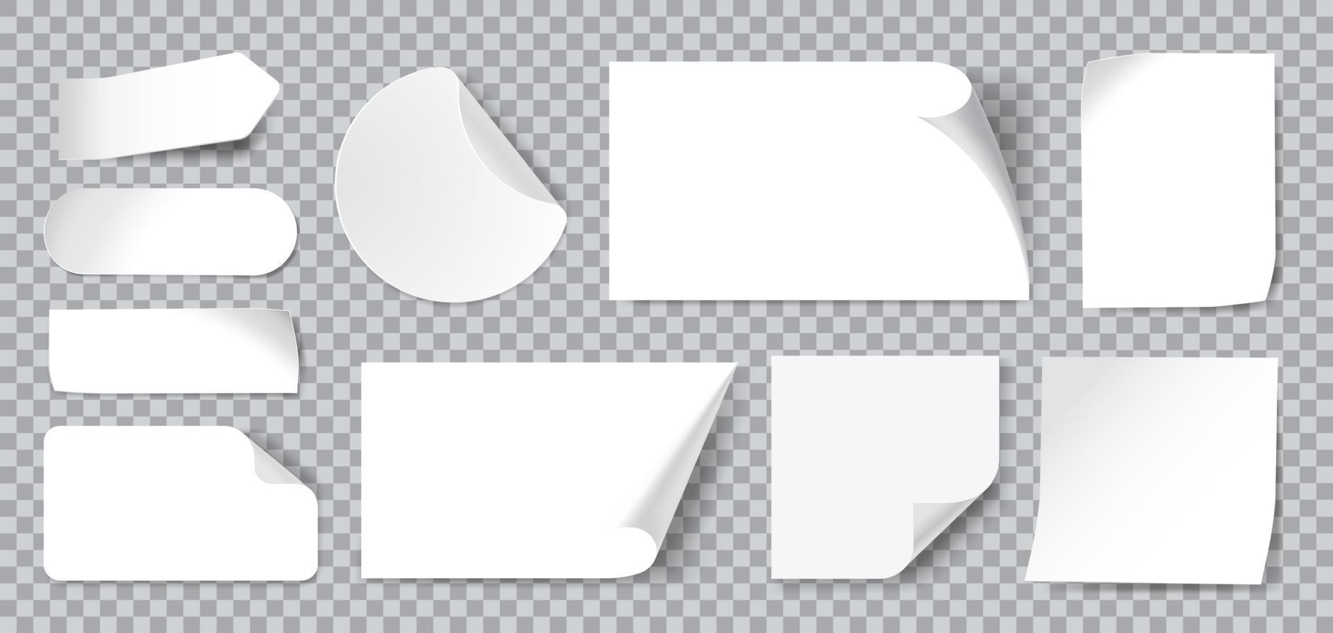 White stickers. Blank adhesive sticker with folded or curled corners. Realistic paper sticky notes in various shapes vector mockup