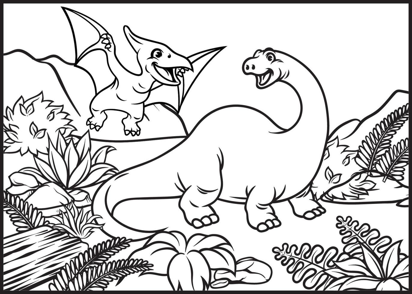 coloring page of brontosaurs and pterodactyl vector