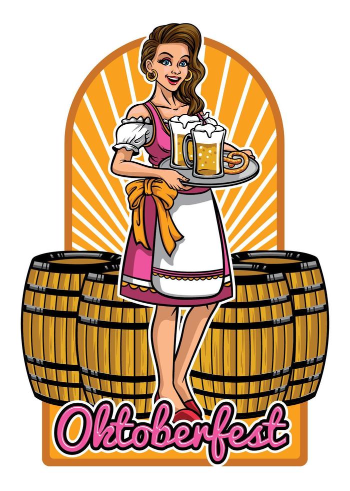 hermosa niña de Oktoberfest presentación cervezas vector