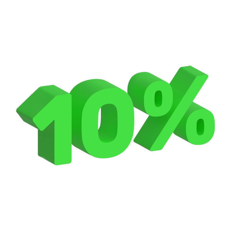 Sale 3D icon. Green matte 10 percent off vector sign. 3d realistic design element.