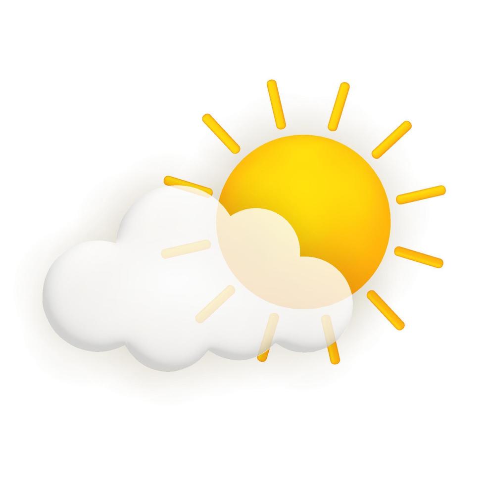 Cloud and sun. Cute weather realistic icon. 3d cartoon vector