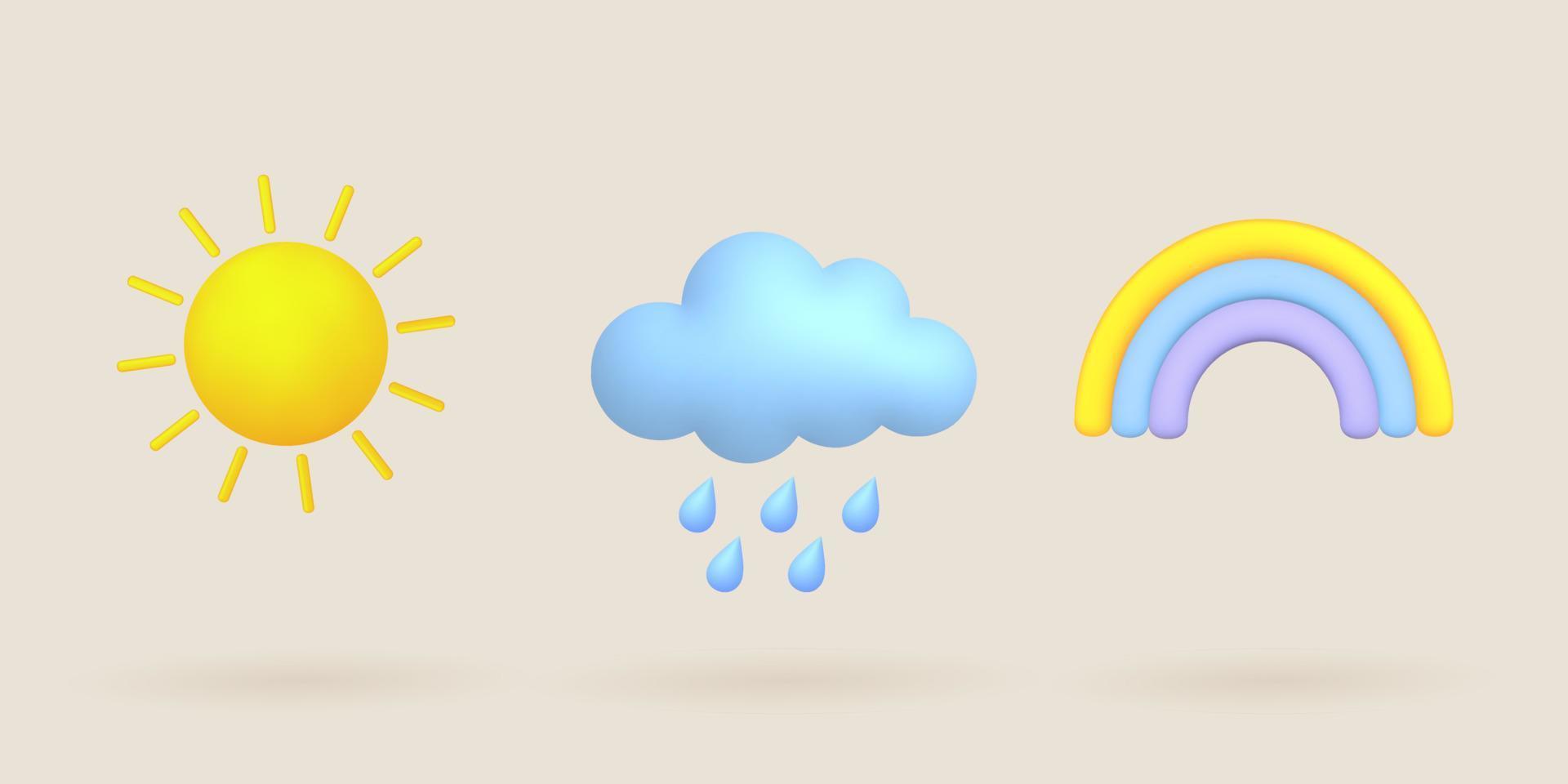 3d cartoon weather icons set. Sun, rainbow, cloud, rain. vector