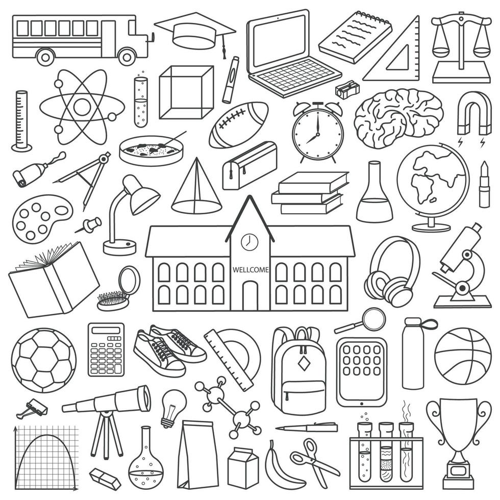Set of hand drawn school supplies elements. Back to school education concept. vector