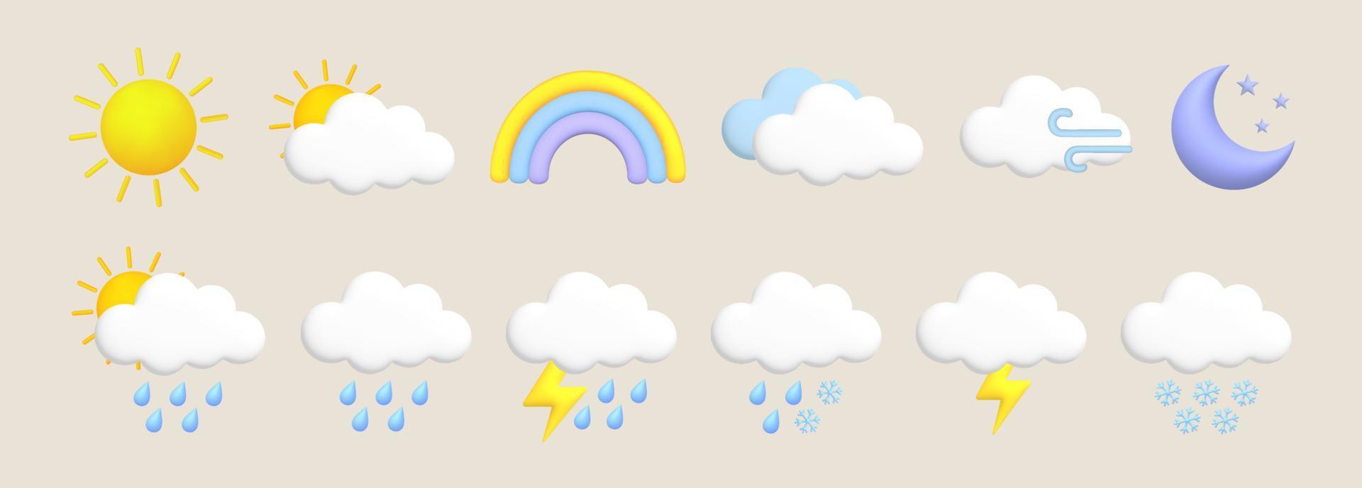 Sun, moon, rainbow, lightning, cloud, rain, snow, wind, thunderstorm. Cute 3d cartoon weather icons set. vector