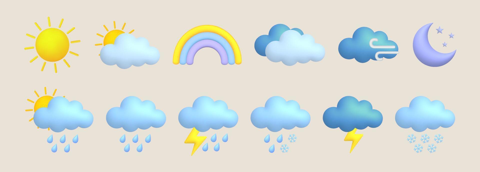 Cute 3d cartoon weather icons set. Sun, moon, rainbow, lightning, cloud, rain, snow, wind, thunderstorm. vector