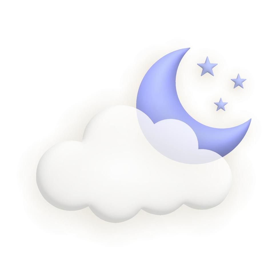 nube, luna, estrellas. linda clima realista icono. 3d dibujos animados. vector