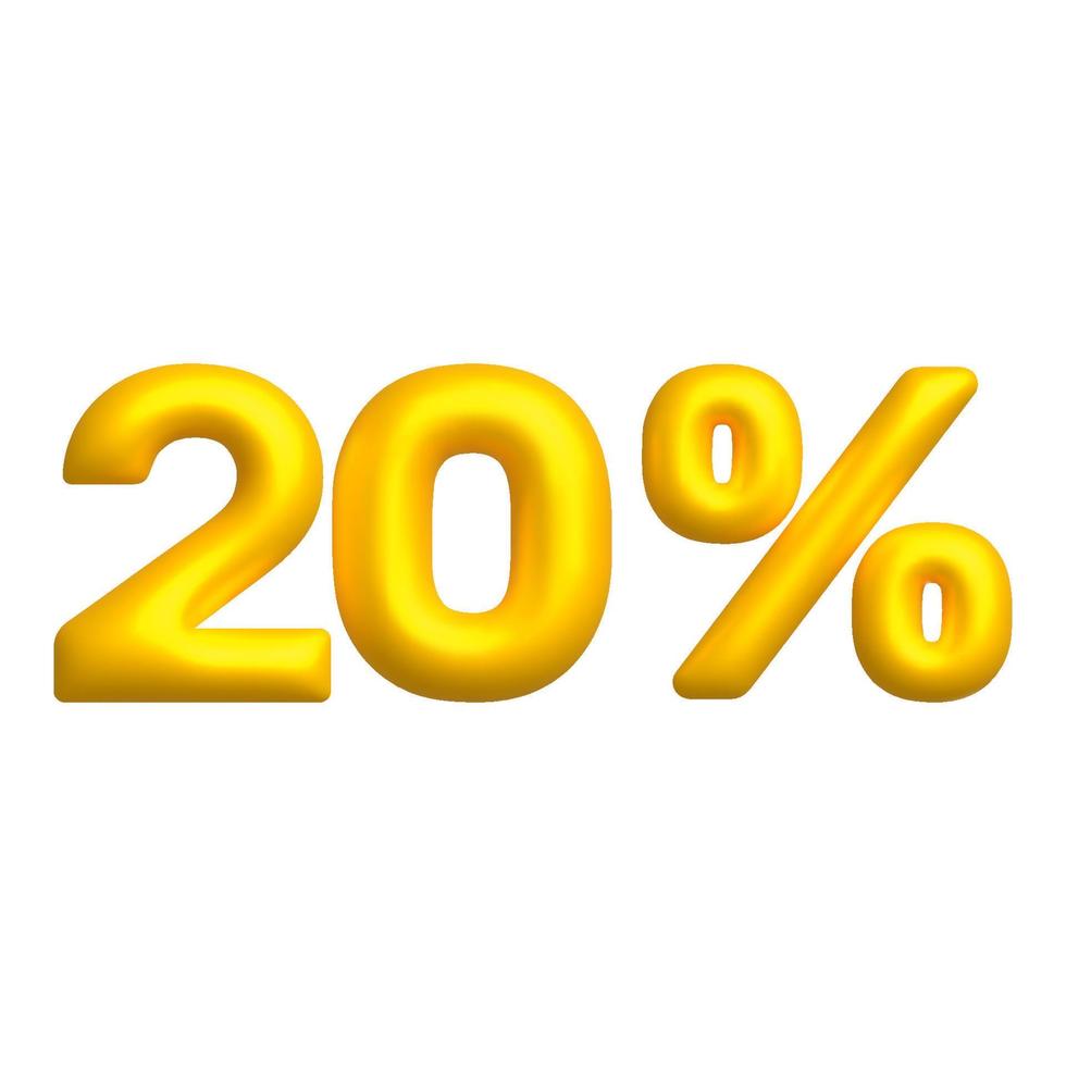 Sale 3D icon. Golden glossy 20 percent discount vector sign. 3d vector realistic design element.