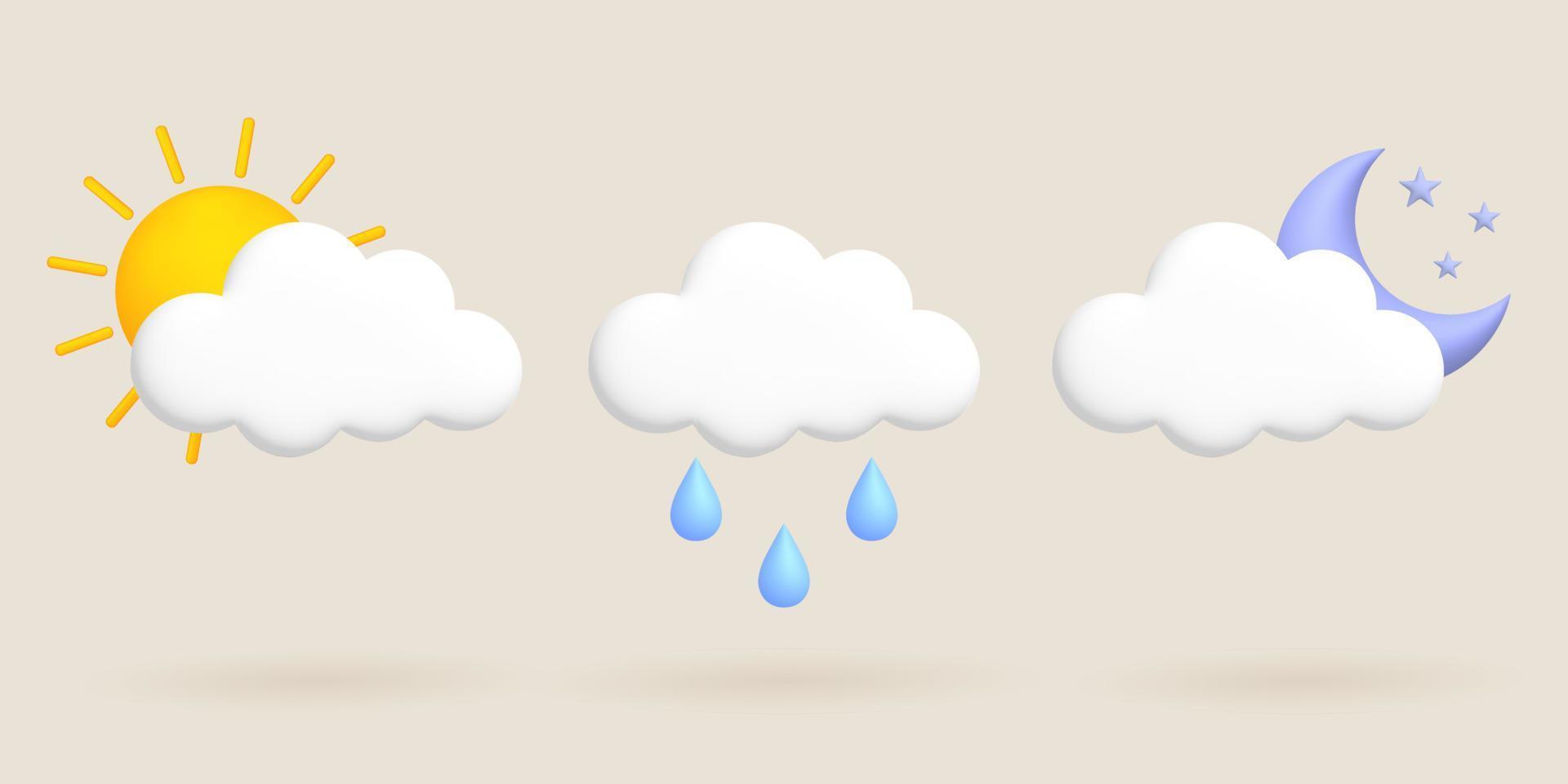 Cute 3d cartoon weather icons set. Sun, moon, cloud, rain, rain drop. vector