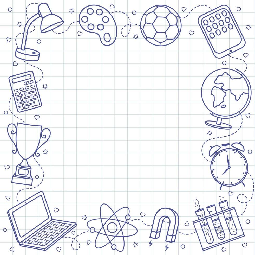 Education and school hand drawn doodle elements. Square frame composition. vector