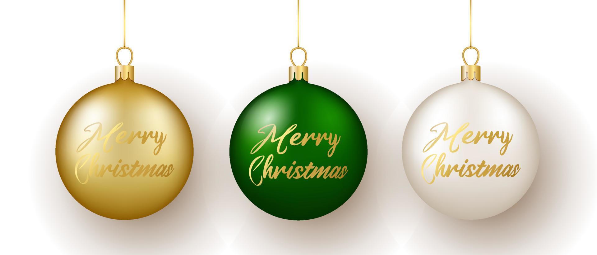 Christmas and New Year decor. Set of gold, white and green balls on ribbon. vector