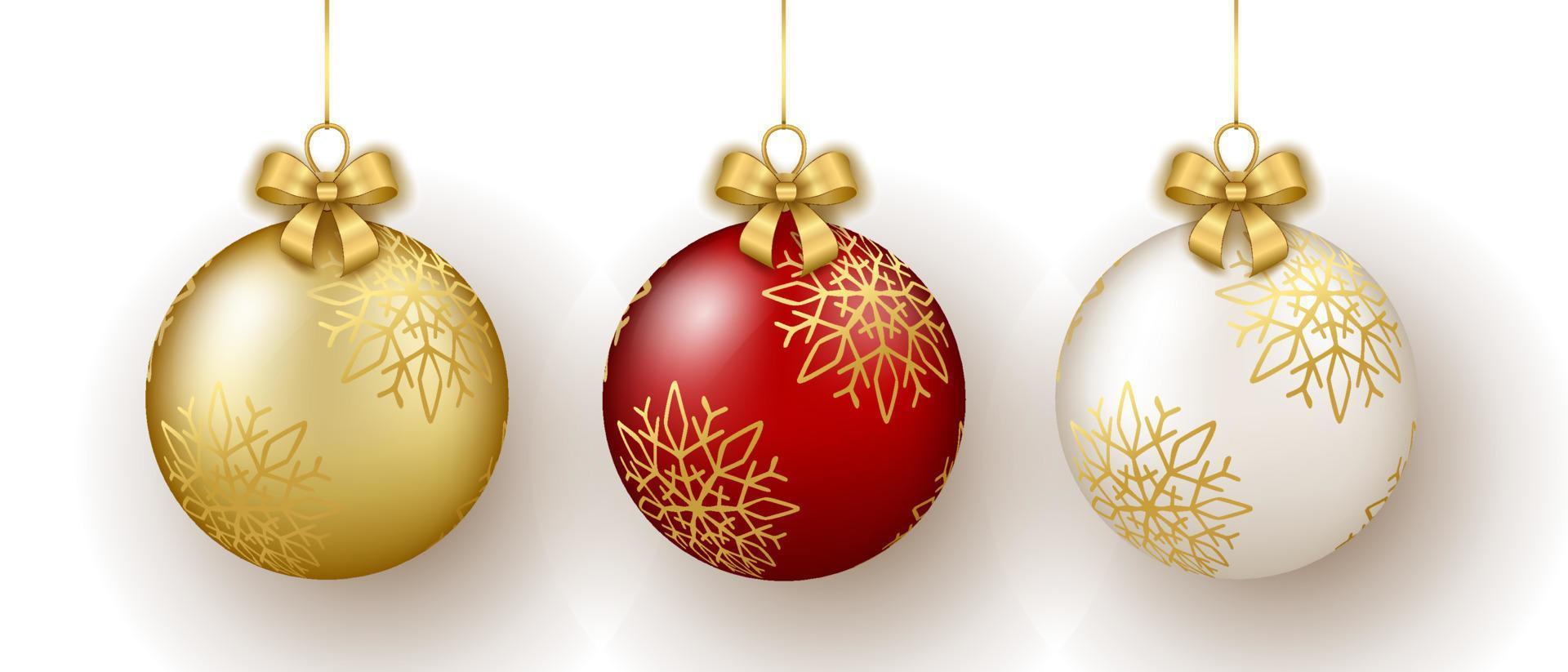 Christmas and New Year decor. Set of gold, white and red glass snowflake ornament balls on ribbon with bow. vector