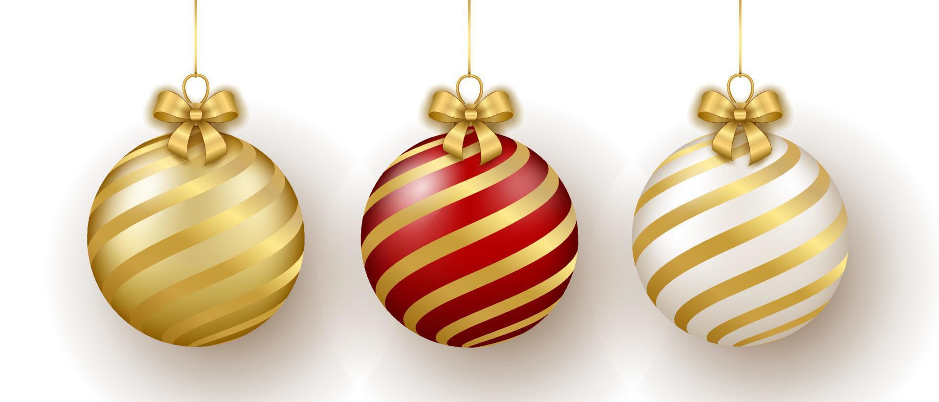Christmas and New Year decor. Set of gold, white and red glass ornament balls on ribbon with bow. vector