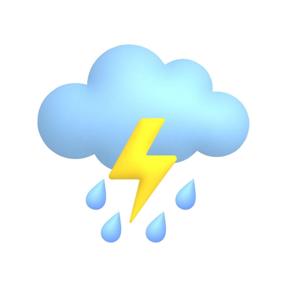 Thunderstorm, cloud, rain drops and lightning. Cute weather realistic icon. 3d cartoon. vector