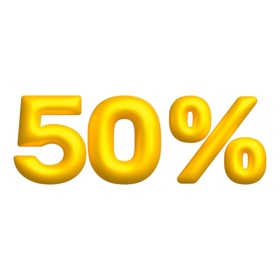 Sale 3D icon. Golden glossy 50 percent discount vector sign. 3d vector realistic design element.