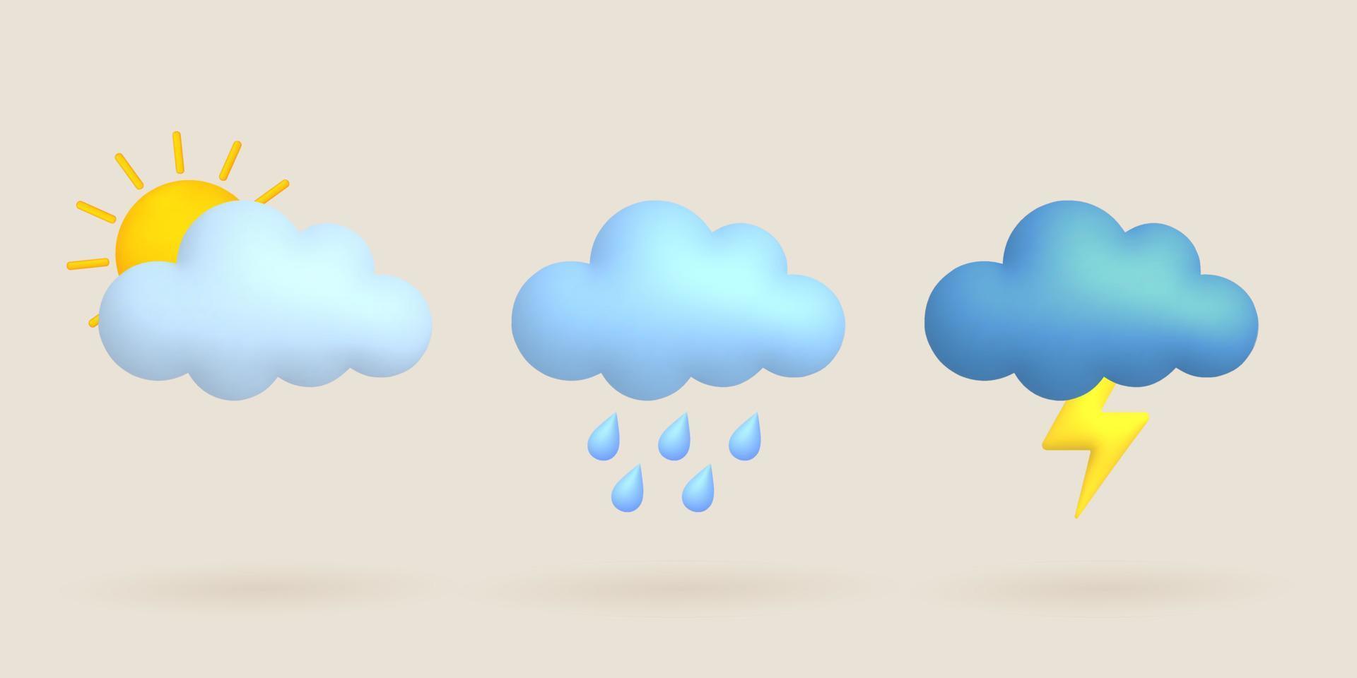 3d cartoon weather icons set. Sun, cloud, rain, lightning, thunder. vector