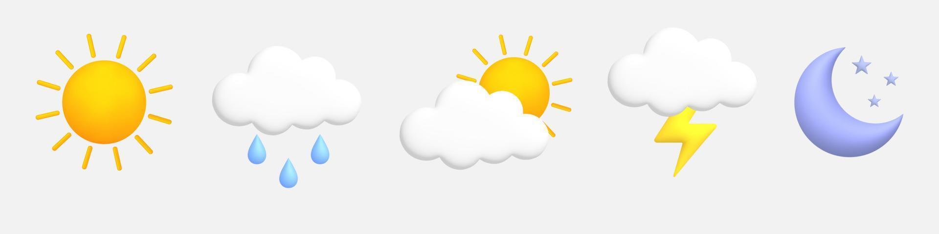 Cute 3d cartoon weather icons set. Sun, moon, star, lightning, cloud, rain drops. vector
