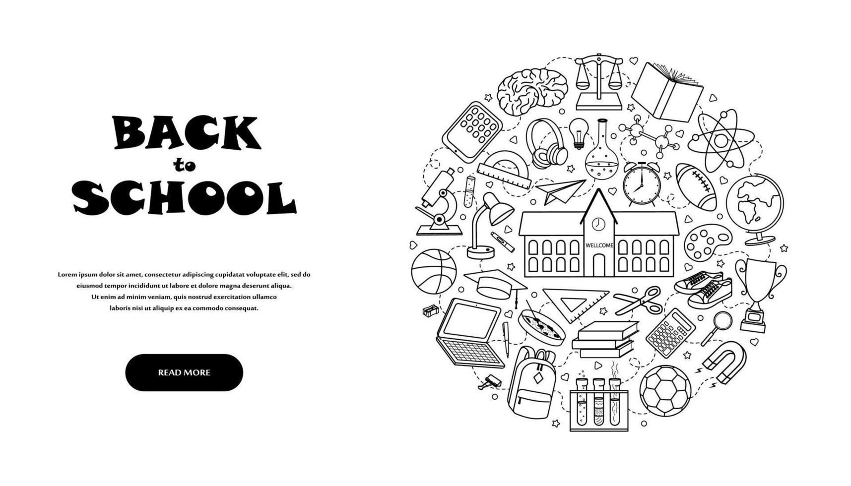 Back to school banner. Round concept of vector hand drawn doodle style elements on white background.