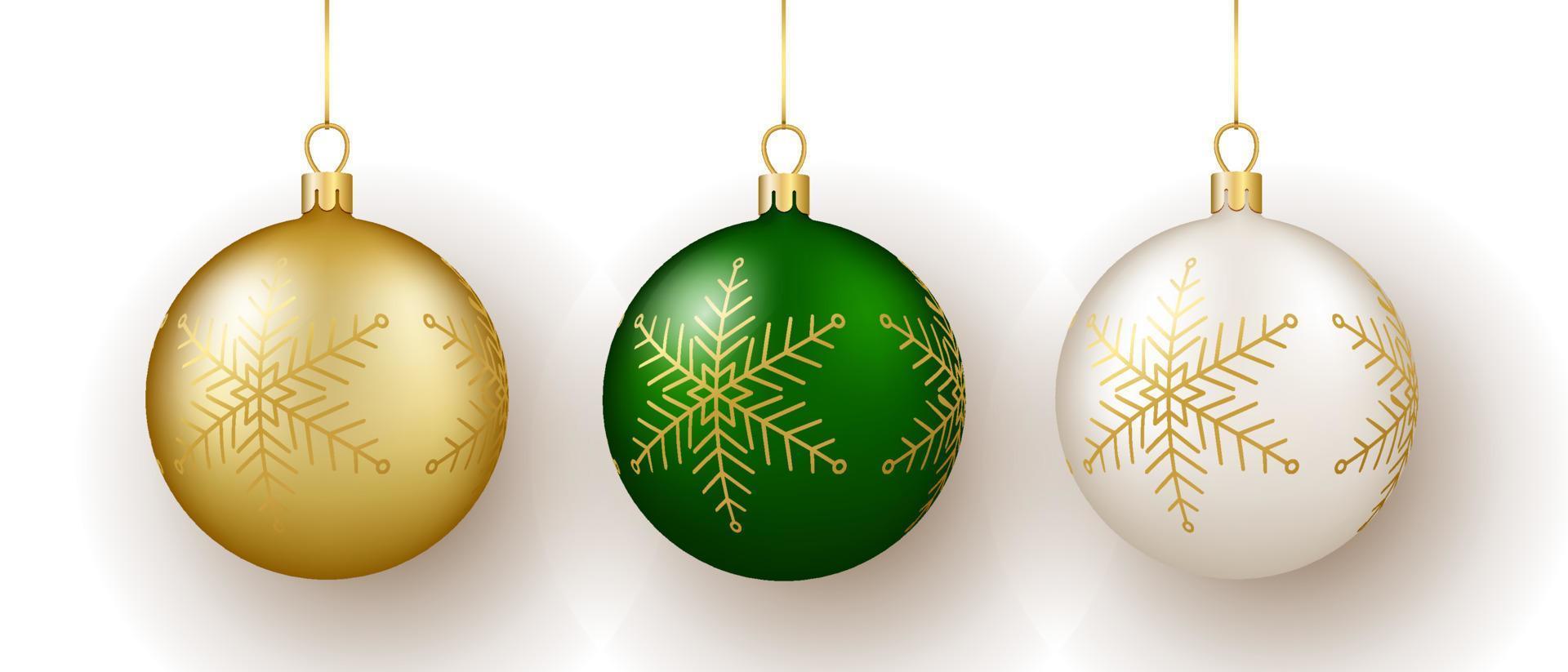 Navidad y nuevo año decoración. conjunto de oro, blanco y verde copo de nieve ornamento pelotas en cinta. vector