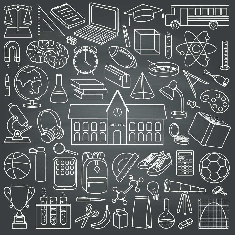 Set of hand drawn school supplies elements. Back to school education concept. vector