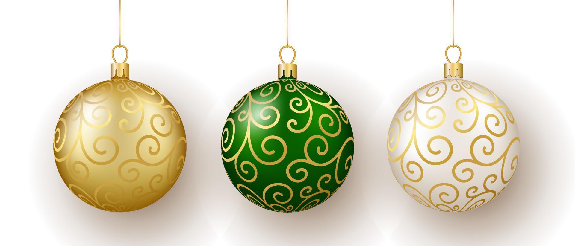 Christmas and New Year decor. Set of gold, white and green glass floral ornament balls on ribbon with bow. vector