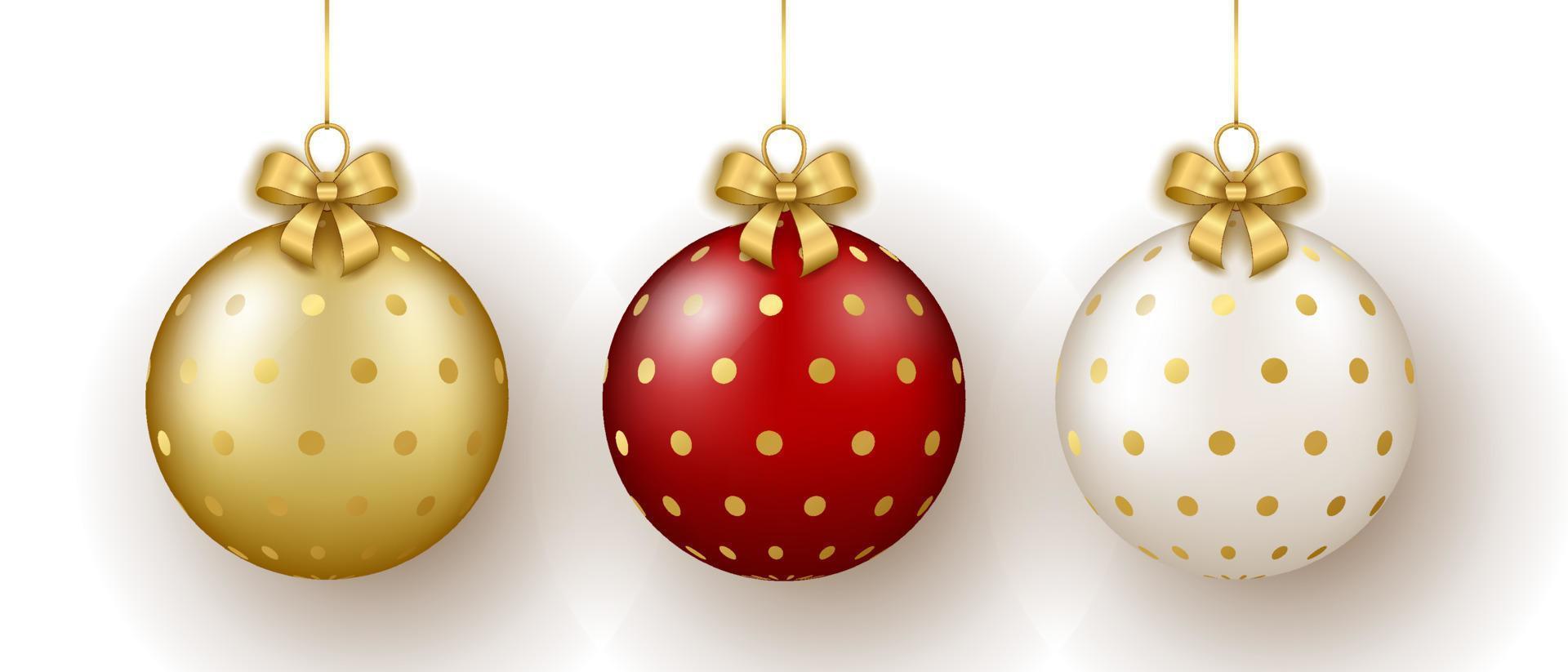 Christmas and New Year decor. Set of gold, white and red glass dots ornament balls on ribbon with bow. vector
