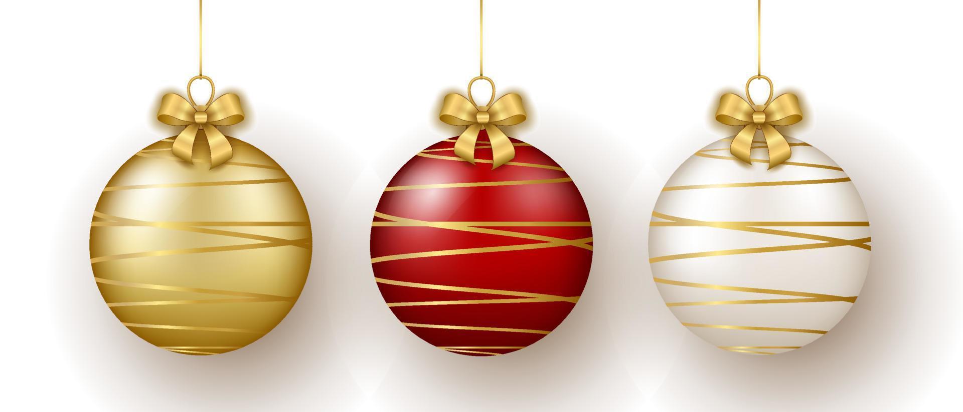 Christmas and New Year decor. Set of gold, white and red glass stripe ornament balls on ribbon with bow. vector