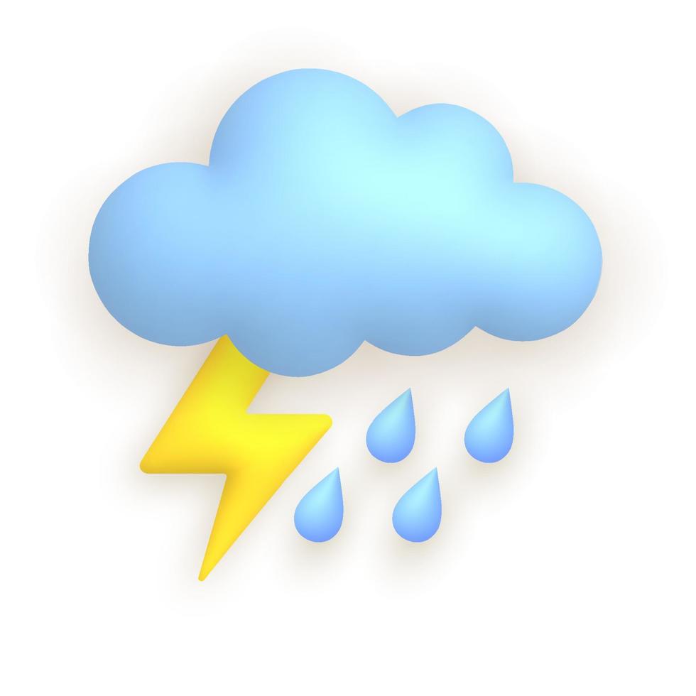 Cloud, lightning, rain. Cute weather realistic icon. 3d cartoon vector